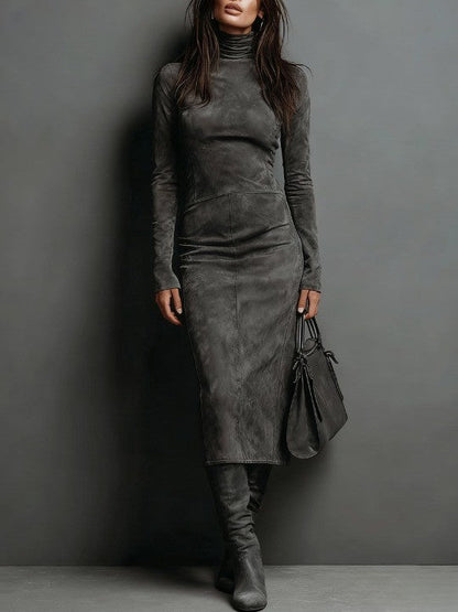 Chic Suede Midi Dress with Long Sleeves and High Neck – Effortless Sophistication for Autumn–Winter