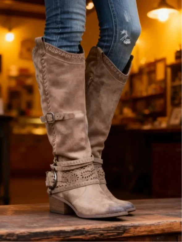 Eli Knee High Boots | Slip-On, Distressed Leather Look, Buckle Strap 1