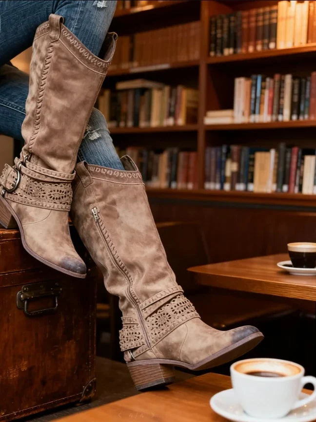 Eli Knee High Boots | Slip-On, Distressed Leather Look, Buckle Strap 2