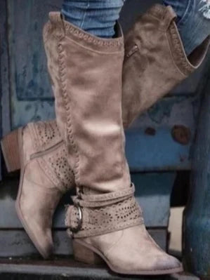 Eli Knee High Boots | Slip-On, Distressed Leather Look, Buckle Strap 3