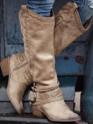 Eli Knee High Boots | Slip-On, Distressed Leather Look, Buckle Strap 4