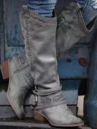 Eli Knee High Boots | Slip-On, Distressed Leather Look, Buckle Strap 5