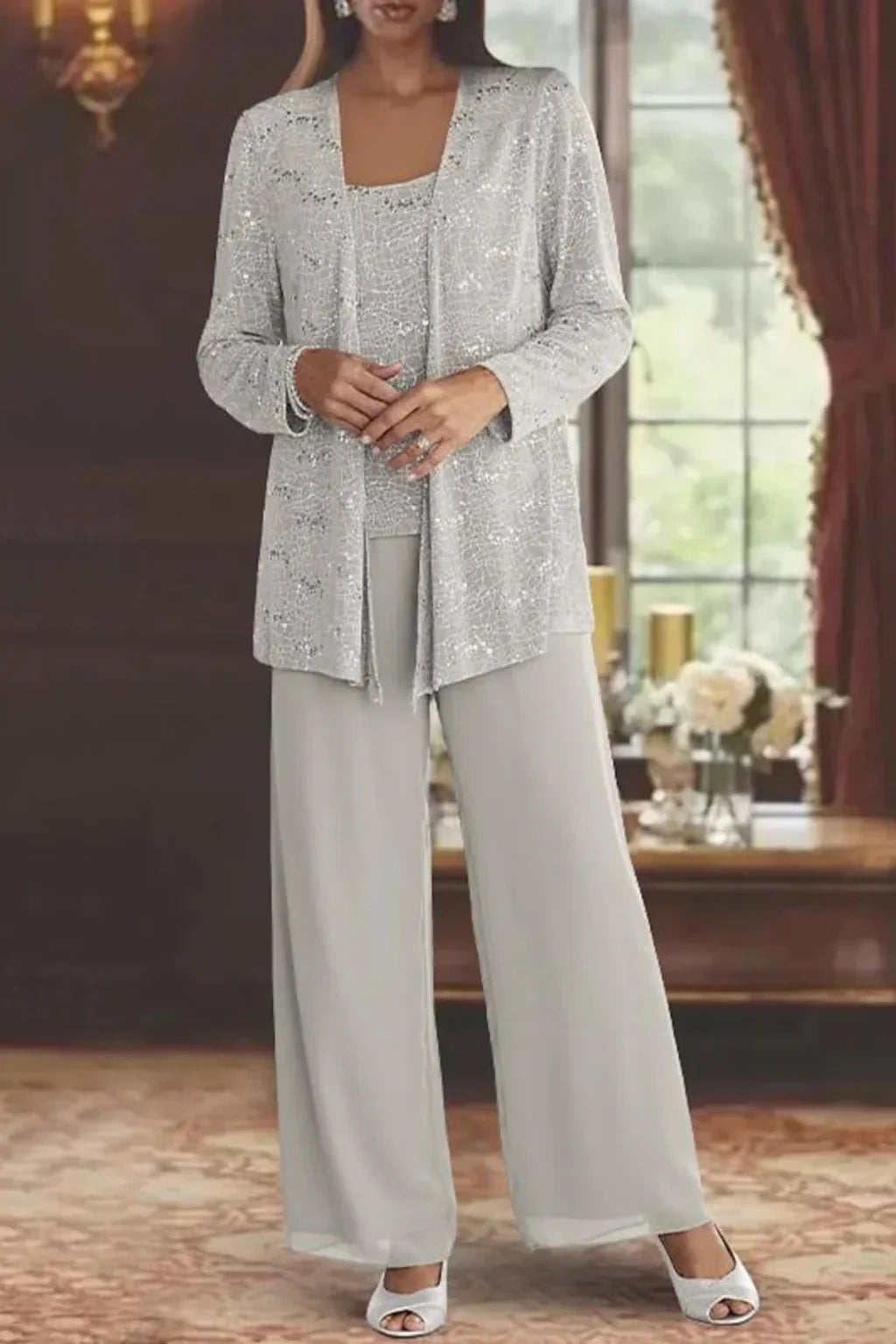 Elysia Women's Suit | Sequin Lace Jacket, Wide Leg Trousers 1