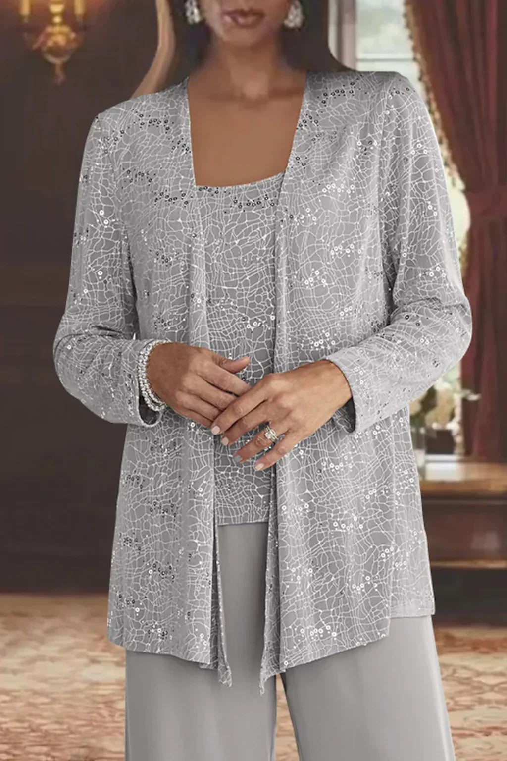 Elysia Women's Suit | Sequin Lace Jacket, Wide Leg Trousers 2