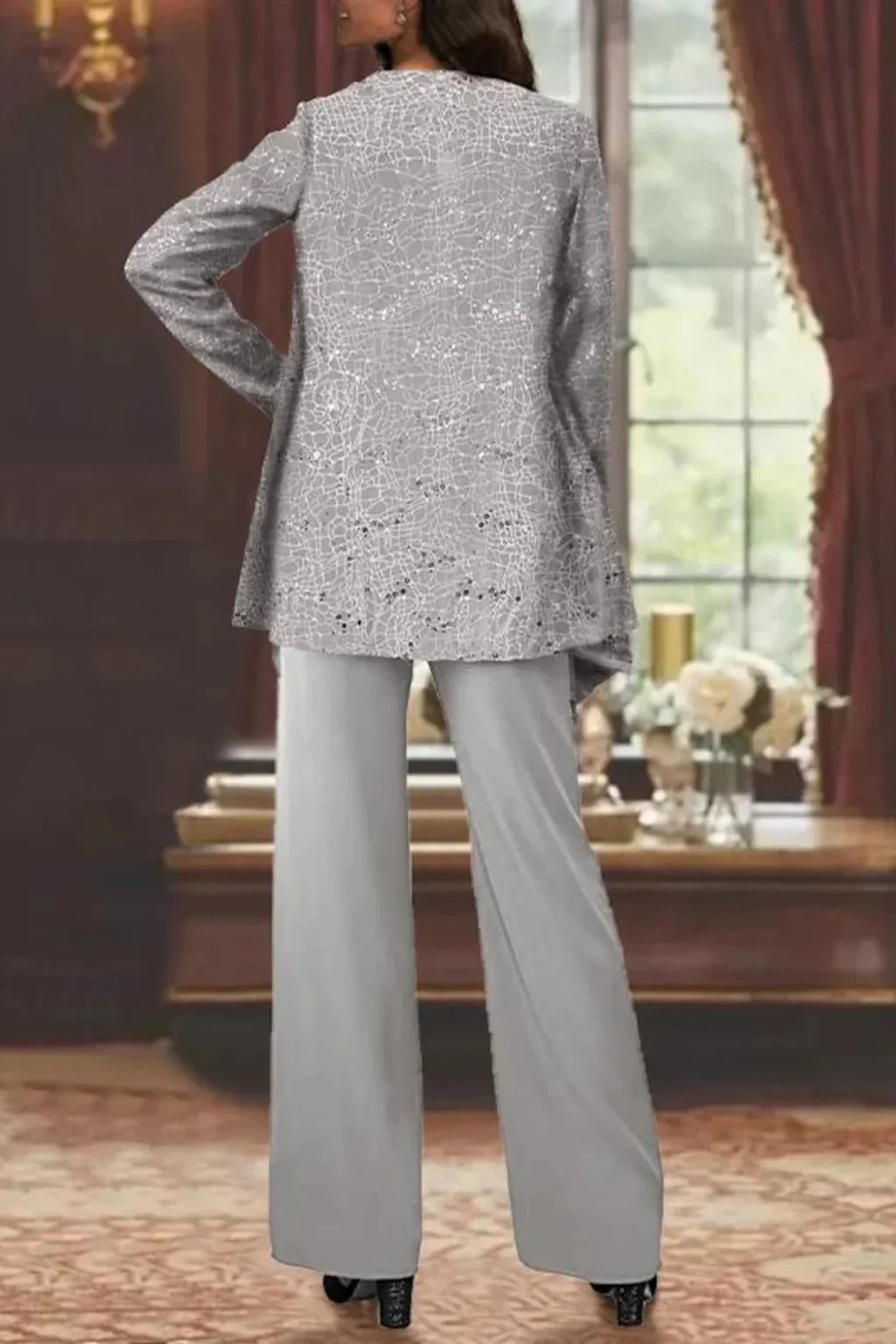 Elysia Women's Suit | Sequin Lace Jacket, Wide Leg Trousers 3