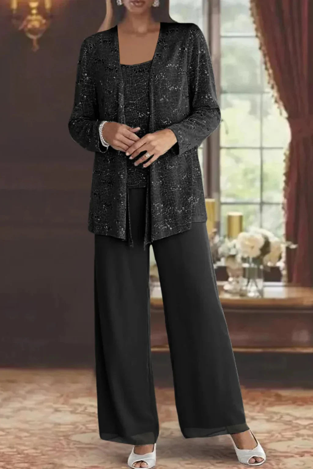 Elysia Women's Suit | Sequin Lace Jacket, Wide Leg Trousers 5