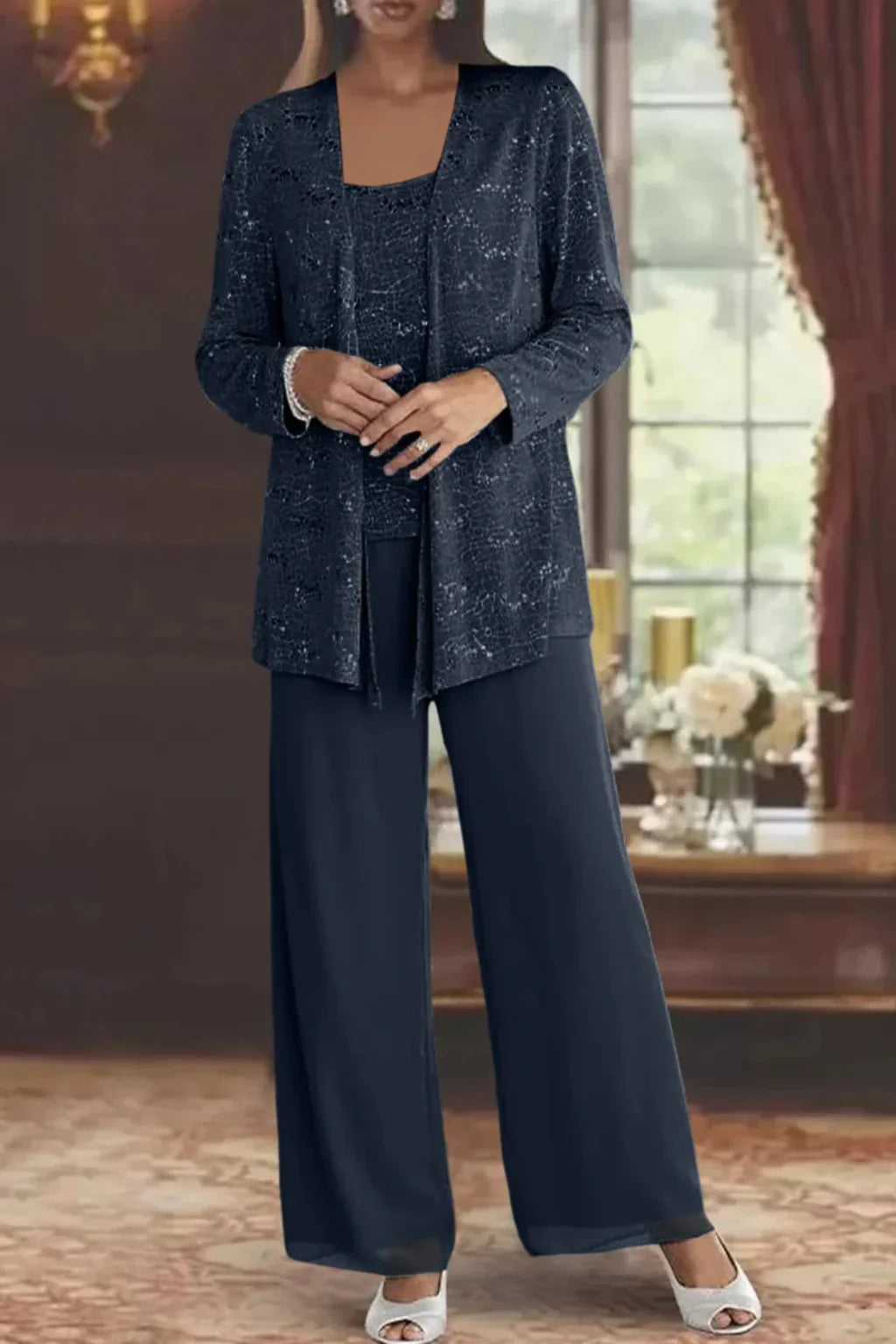 Elysia Women's Suit | Sequin Lace Jacket, Wide Leg Trousers 7