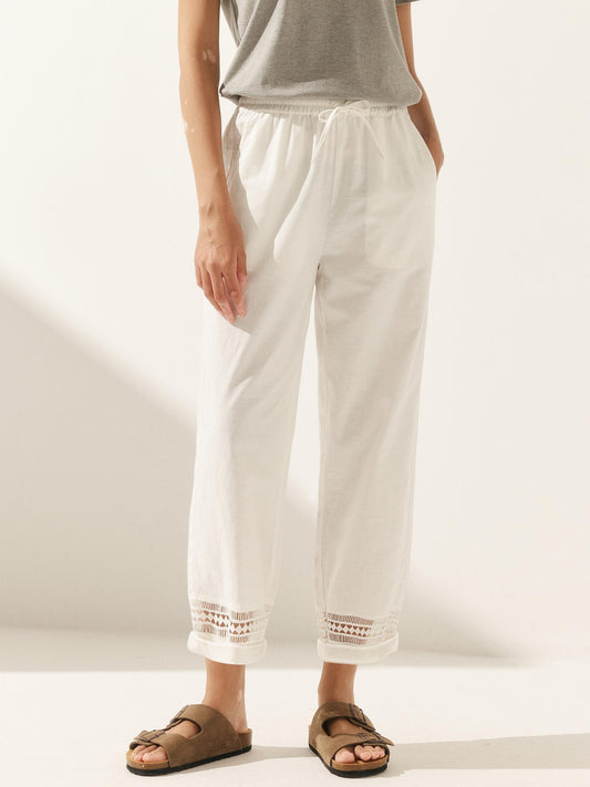 Emma | Chic Lace Trimmed Linen Ankle Pants for Women 0