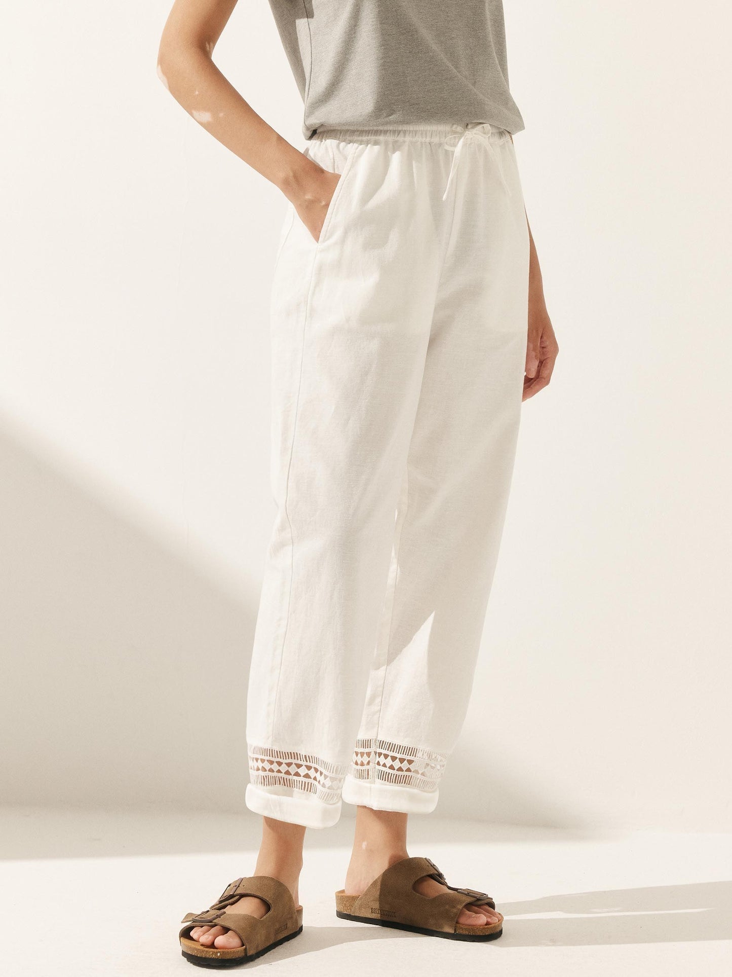 Emma | Chic Lace Trimmed Linen Ankle Pants for Women 1