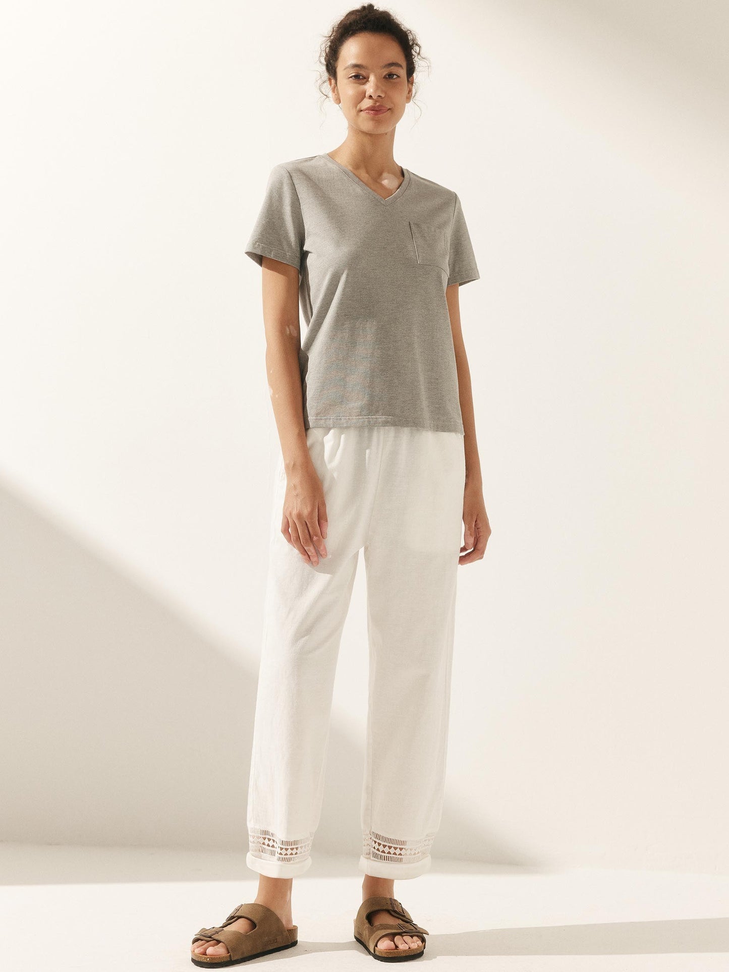 Emma | Chic Lace Trimmed Linen Ankle Pants for Women 3
