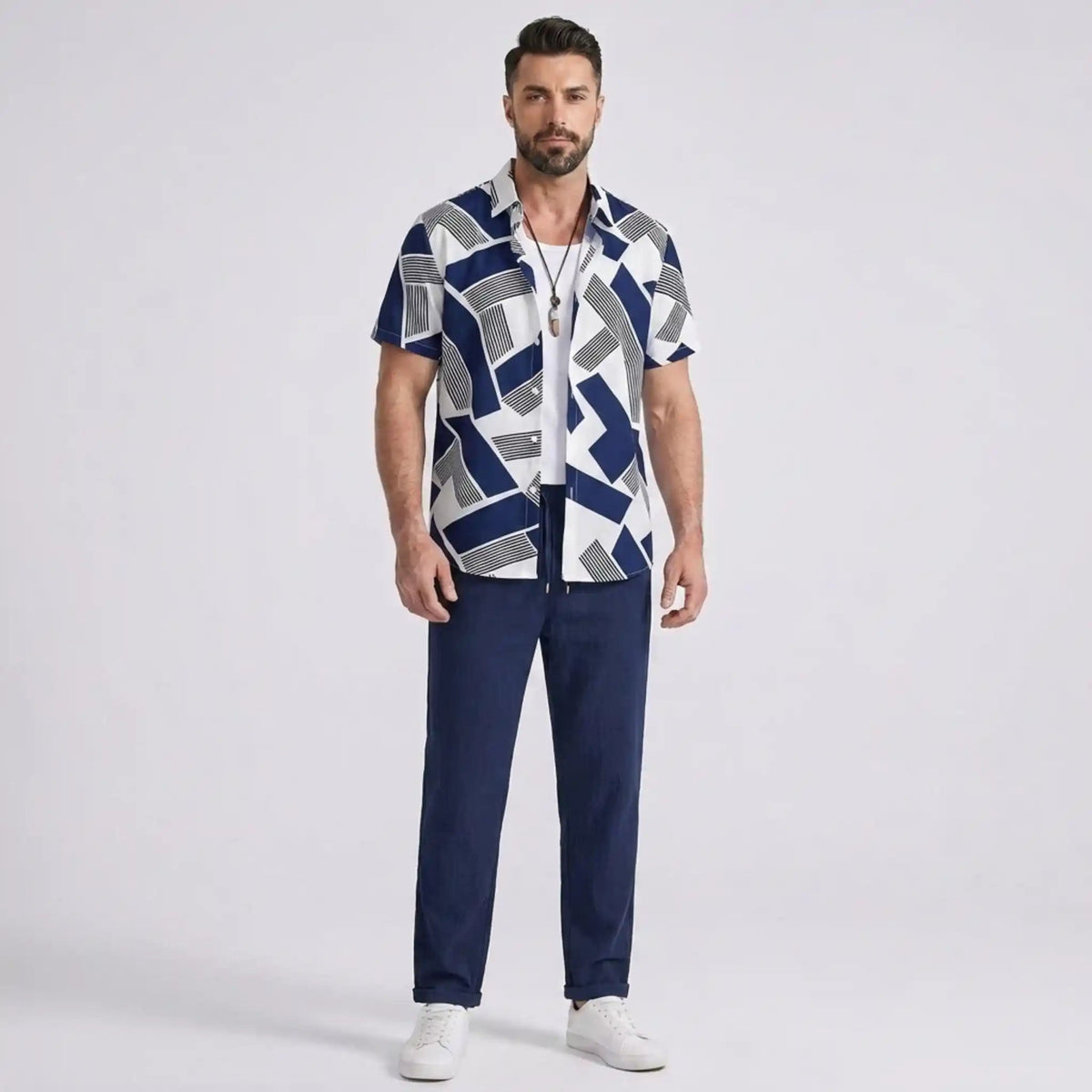 Ethan | Modern Color Block Print Shirt & Straight Leg Pants Set for Men 0