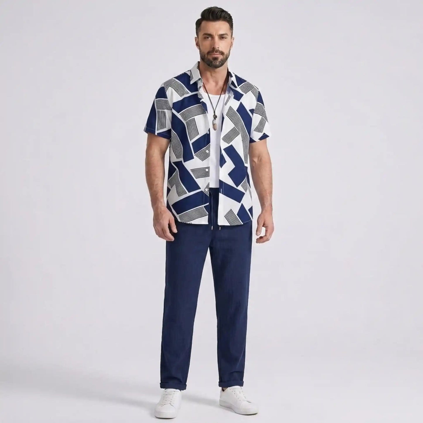 Ethan | Modern Color Block Print Shirt & Straight Leg Pants Set for Men 0