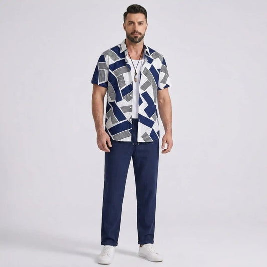 Ethan | Modern Color Block Print Shirt & Straight Leg Pants Set for Men 0