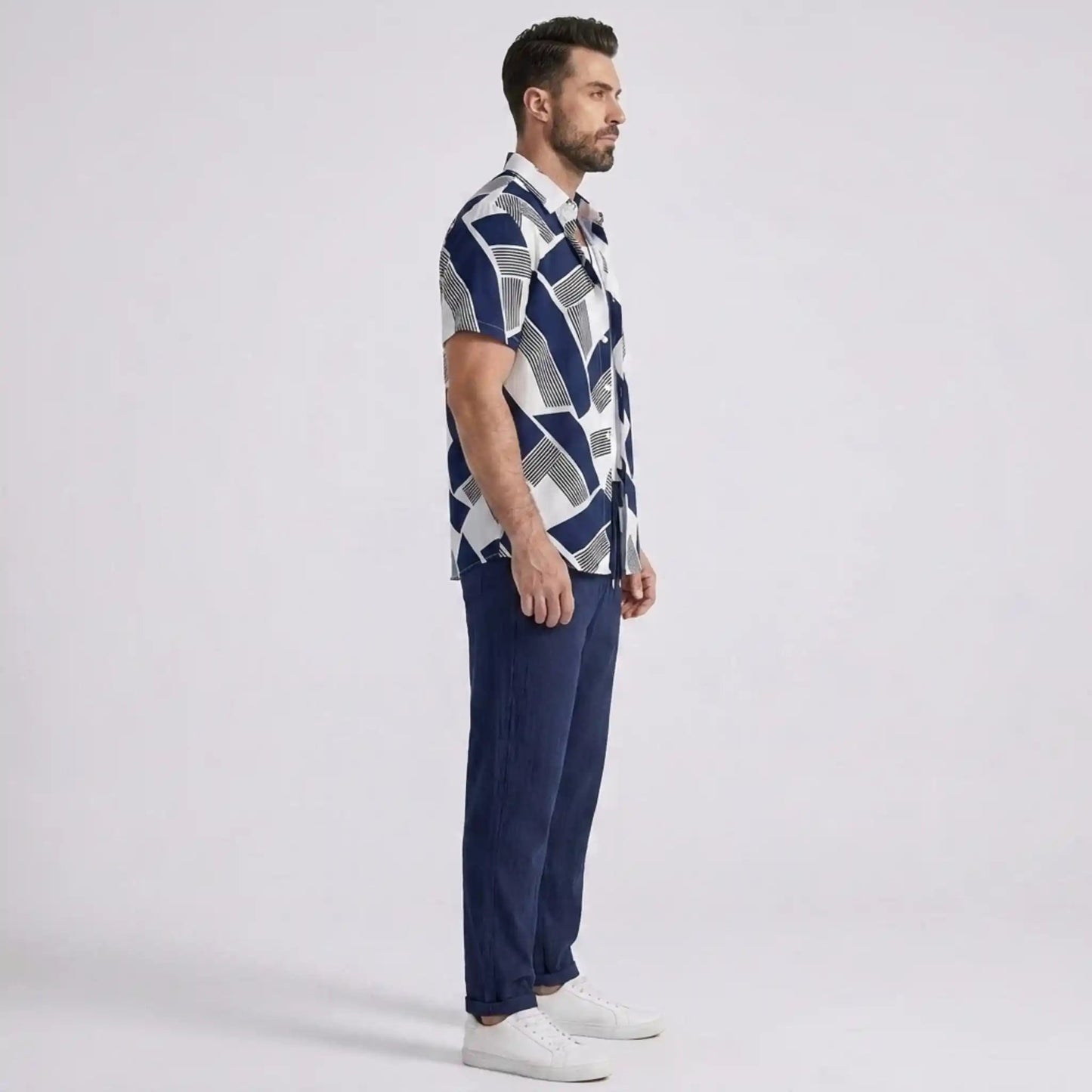 Ethan | Modern Color Block Print Shirt & Straight Leg Pants Set for Men 1