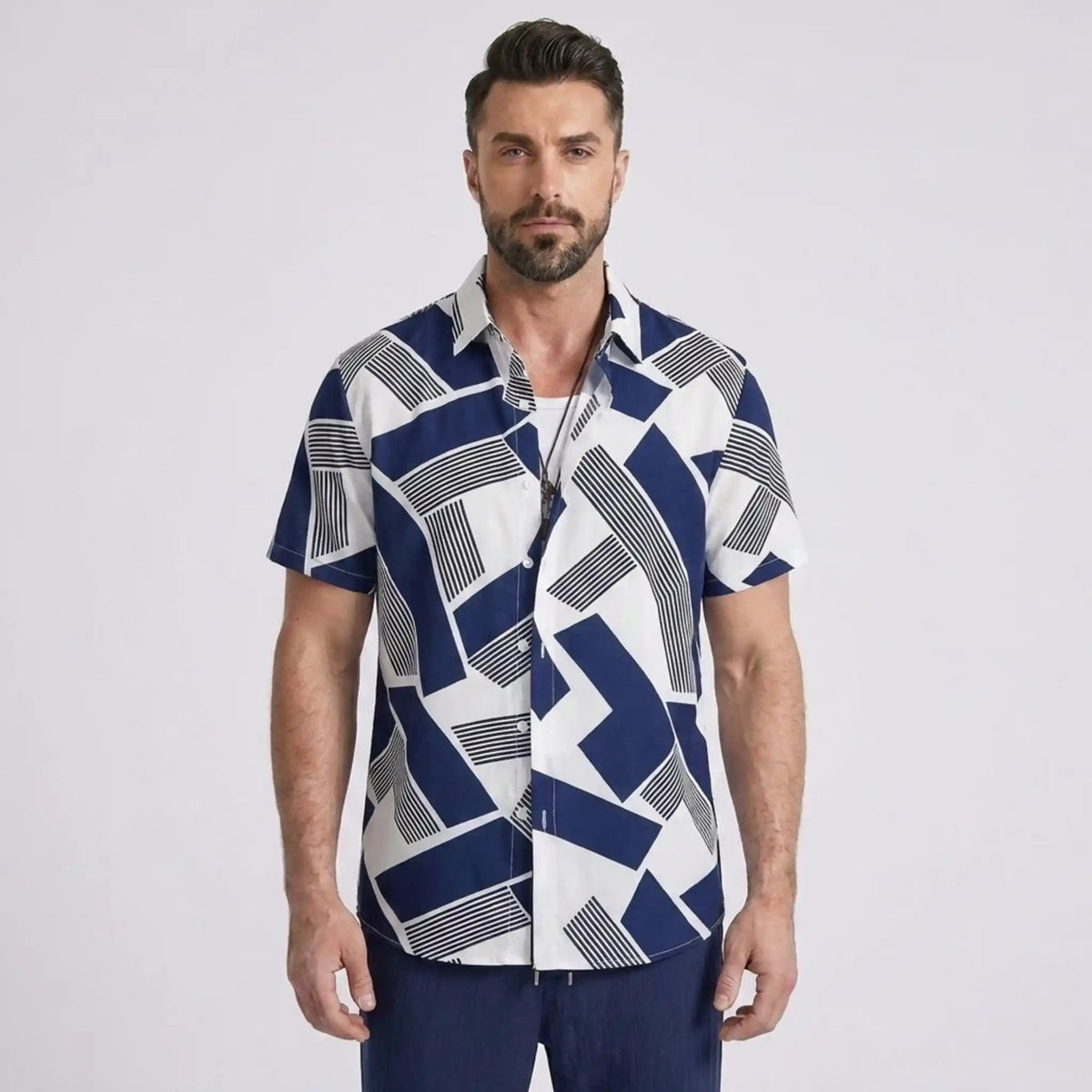 Ethan | Modern Color Block Print Shirt & Straight Leg Pants Set for Men 3