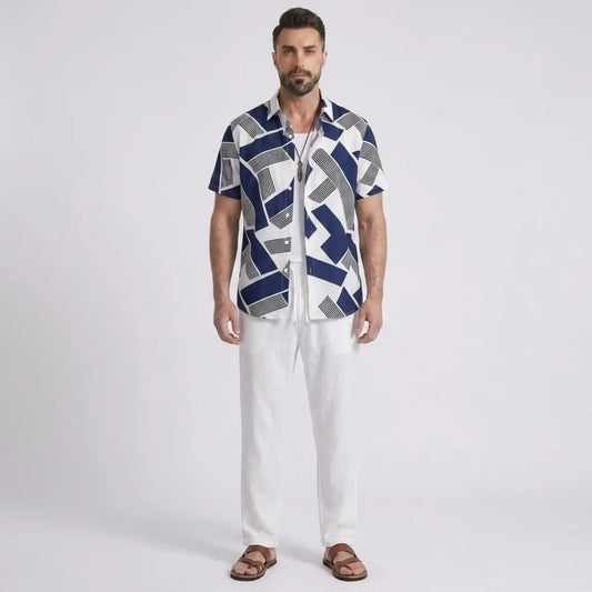 Ethan | Modern Color Block Print Shirt & Straight Leg Pants Set for Men 9
