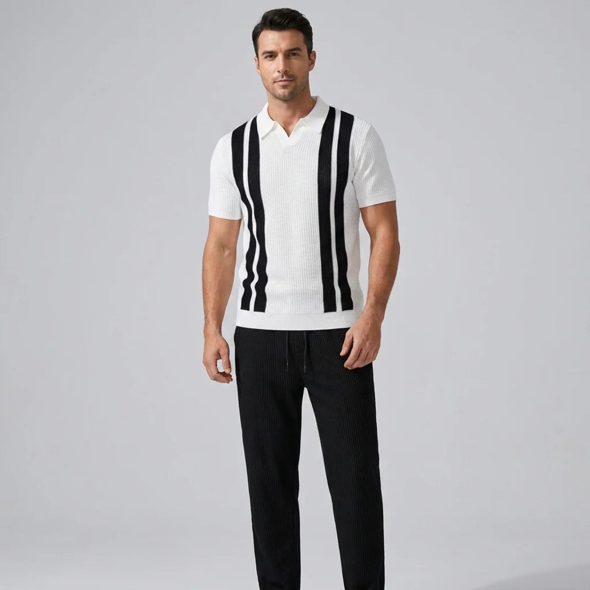 Ethan | Stylish Striped Polo Shirt And Waffle Pants Set 0