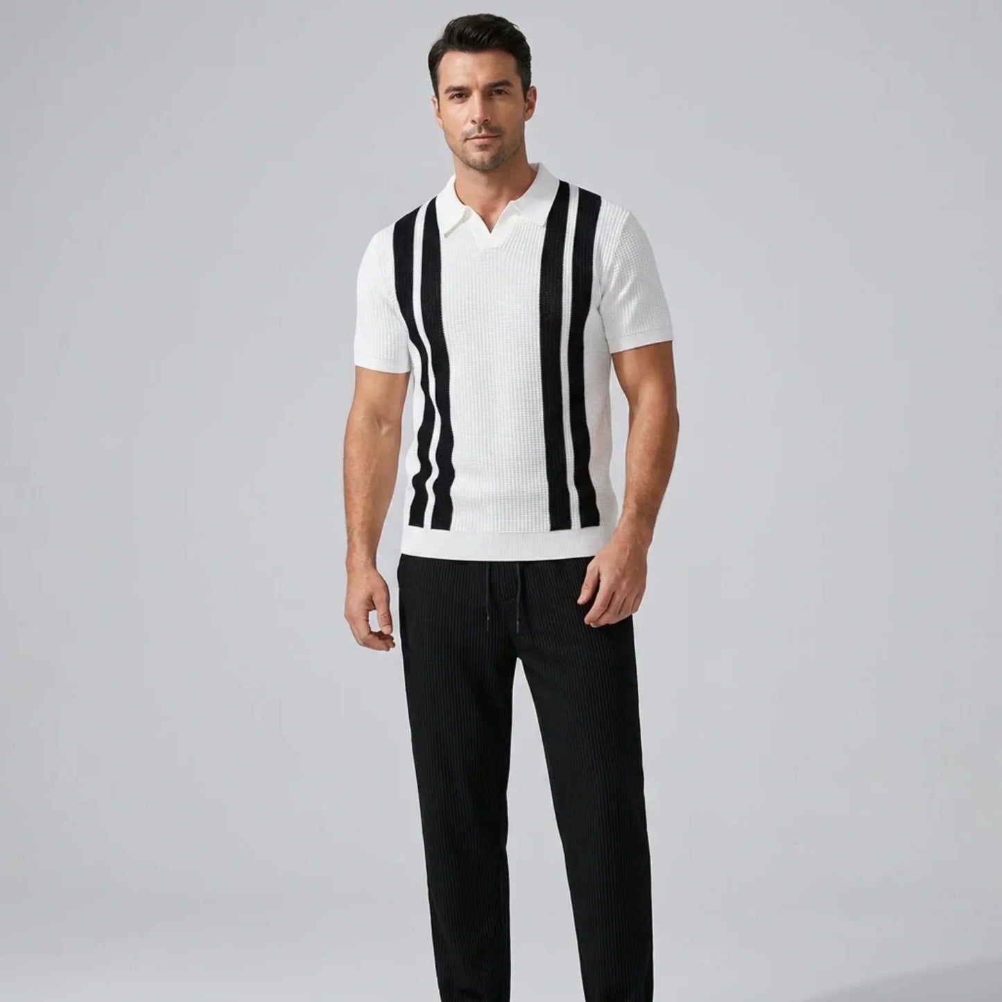 Ethan | Stylish Striped Polo Shirt And Waffle Pants Set 0