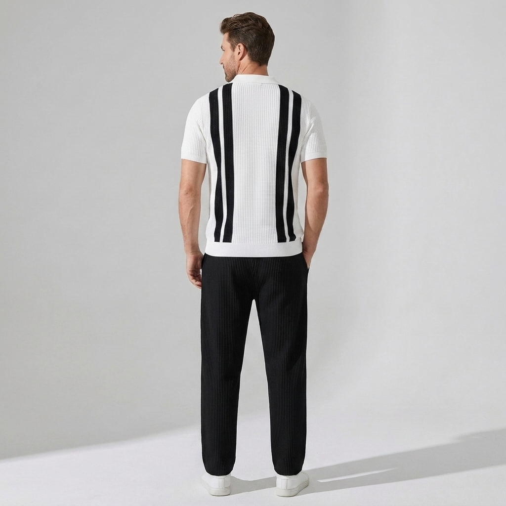 Ethan | Stylish Striped Polo Shirt And Waffle Pants Set 1