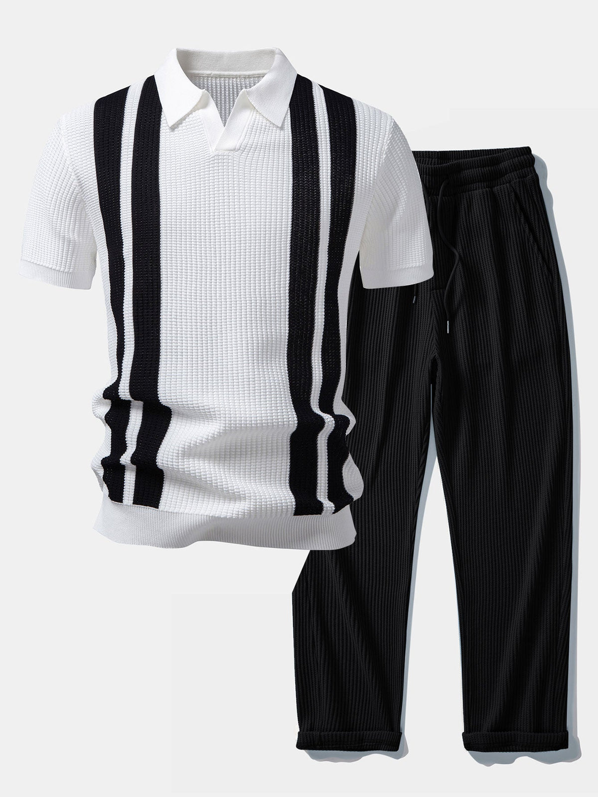 Ethan | Stylish Striped Polo Shirt And Waffle Pants Set 3