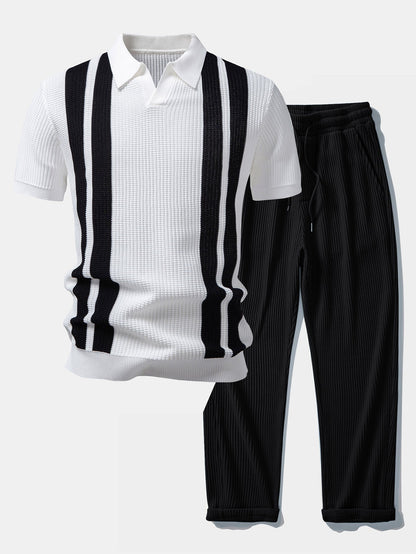 Ethan | Stylish Striped Polo Shirt And Waffle Pants Set 3
