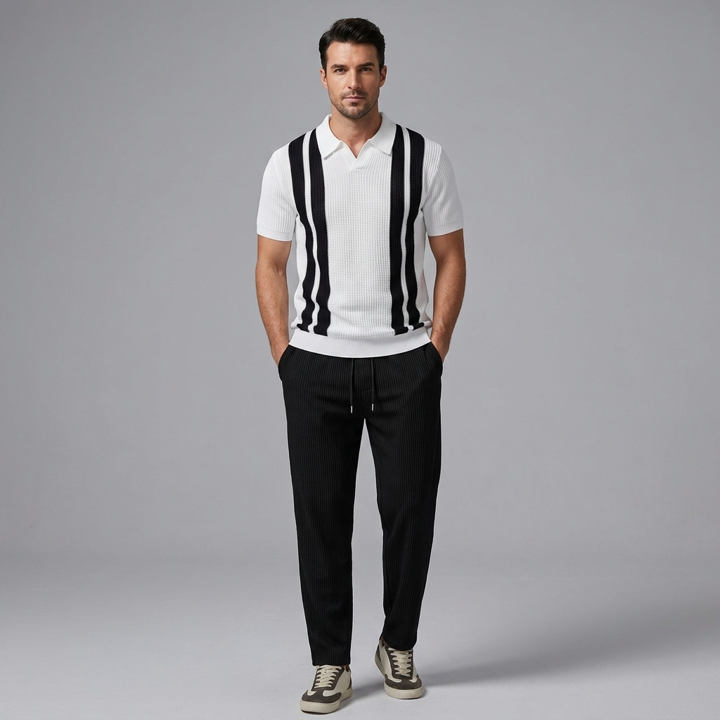 Ethan | Stylish Striped Polo Shirt And Waffle Pants Set 8