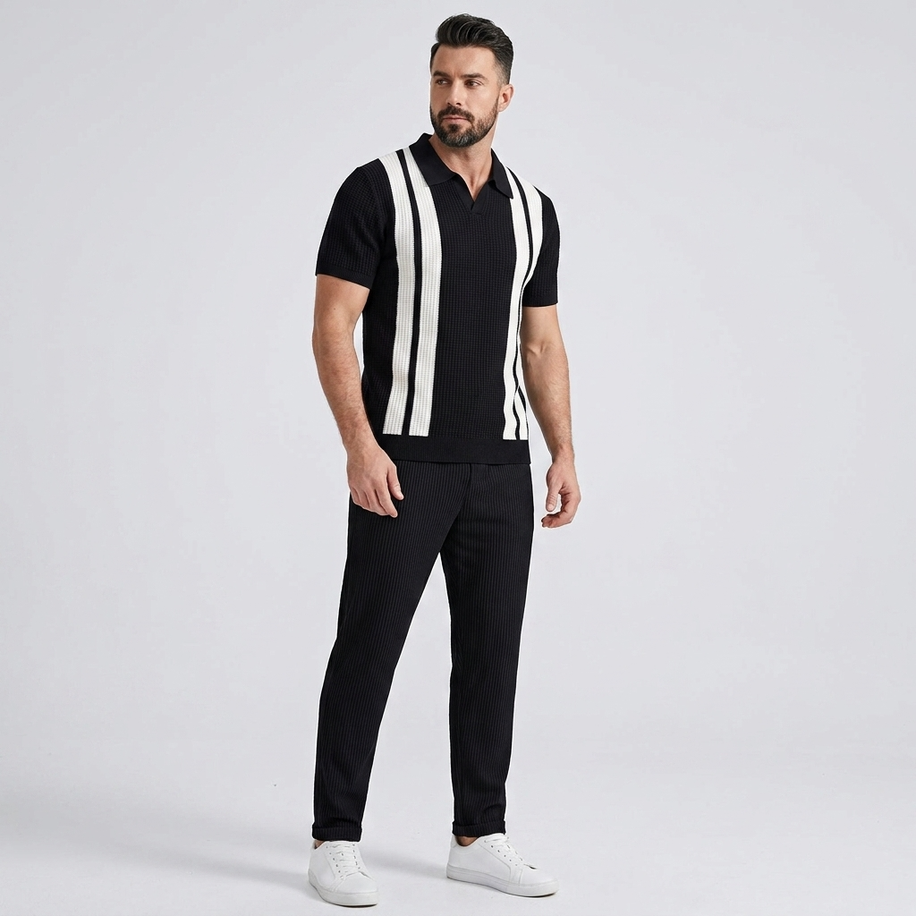 Ethan | Stylish Striped Polo Shirt And Waffle Pants Set 9