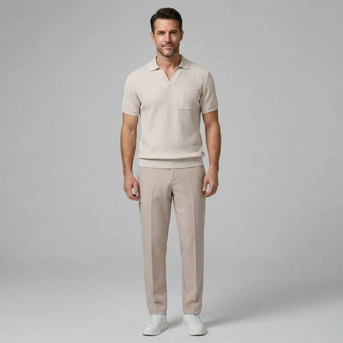 Ethan | Textured Smart Casual Mens Polo Shirts & Tapered Pants Set 0