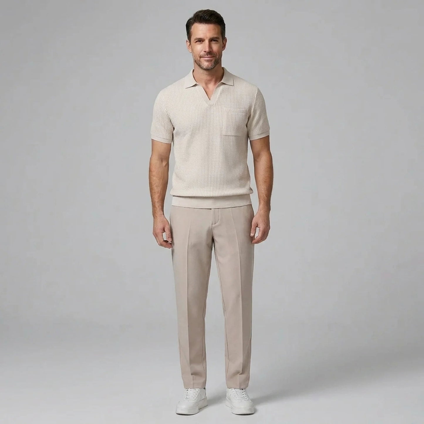 Ethan | Textured Smart Casual Mens Polo Shirts & Tapered Pants Set 0