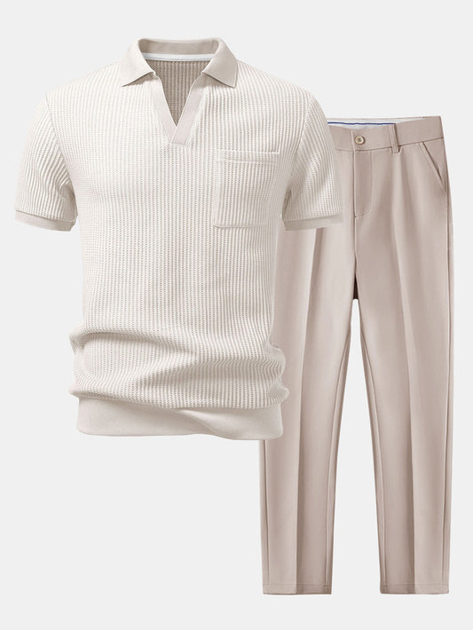 Ethan | Textured Smart Casual Mens Polo Shirts & Tapered Pants Set 4