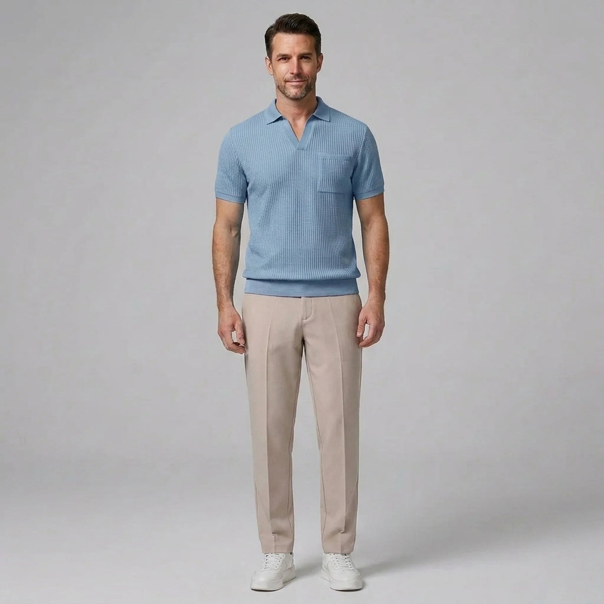Ethan | Textured Smart Casual Mens Polo Shirts & Tapered Pants Set 9