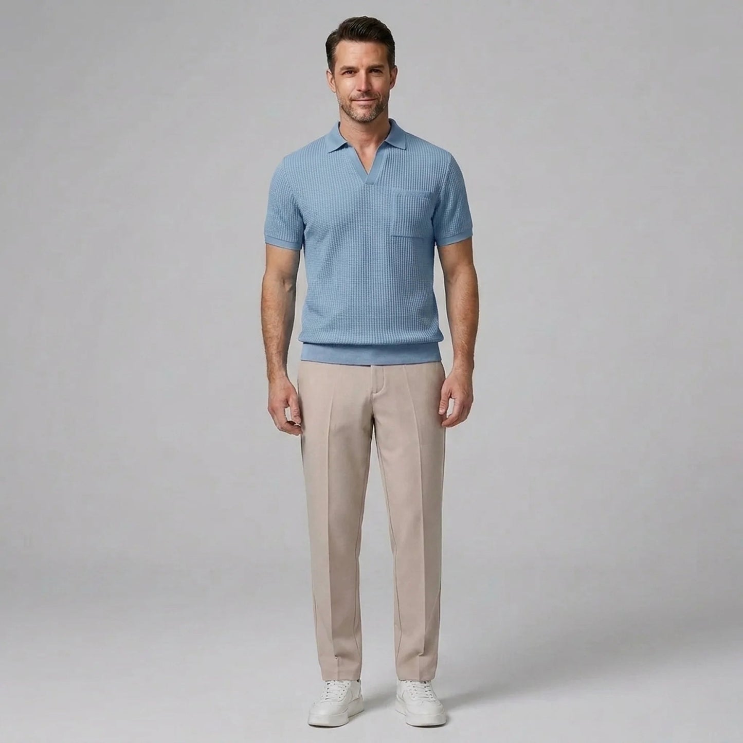 Ethan | Textured Smart Casual Mens Polo Shirts & Tapered Pants Set 9
