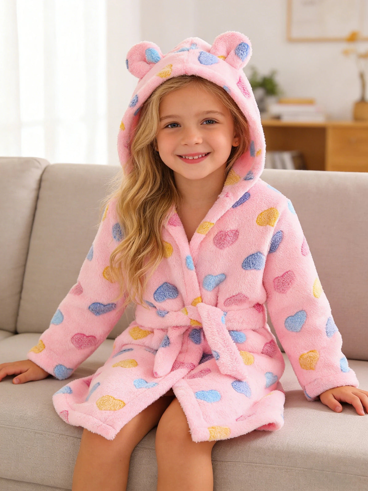 Girls' Autumn/Winter Bathrobe with Long Sleeves and Hood, Soft and Warm Fabric for Home Wear 2