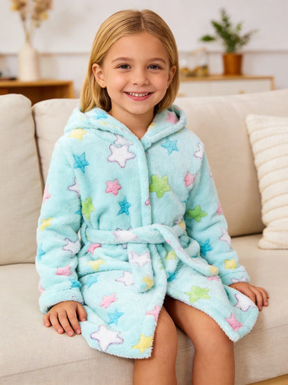 Girls' Bathrobe Autumn/Winter Colorful Star Printed Bathrobe for Kids Long Sleeve Hooded Cute Children's Pajamas 0