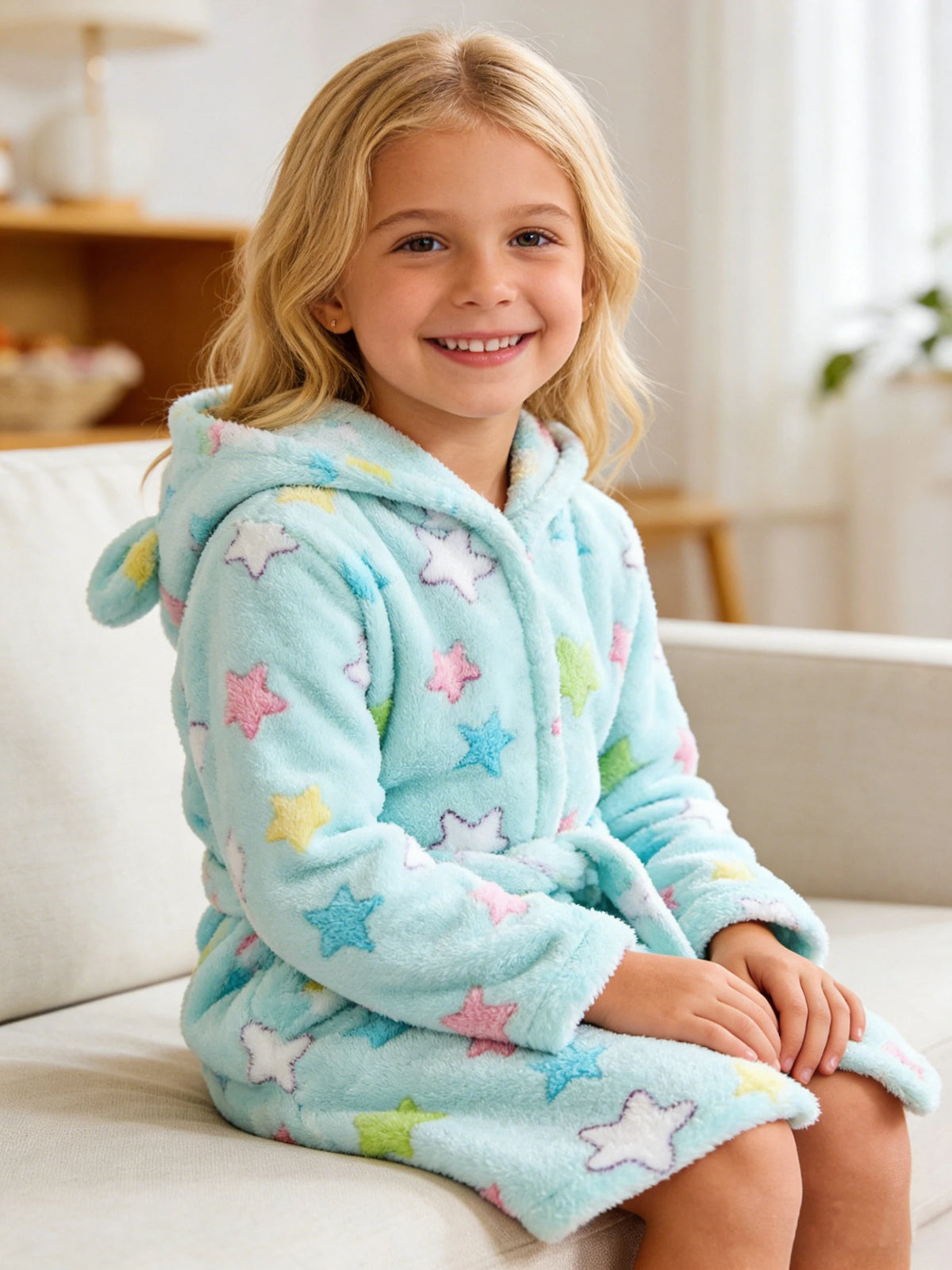Girls' Bathrobe Autumn/Winter Colorful Star Printed Bathrobe for Kids Long Sleeve Hooded Cute Children's Pajamas 1