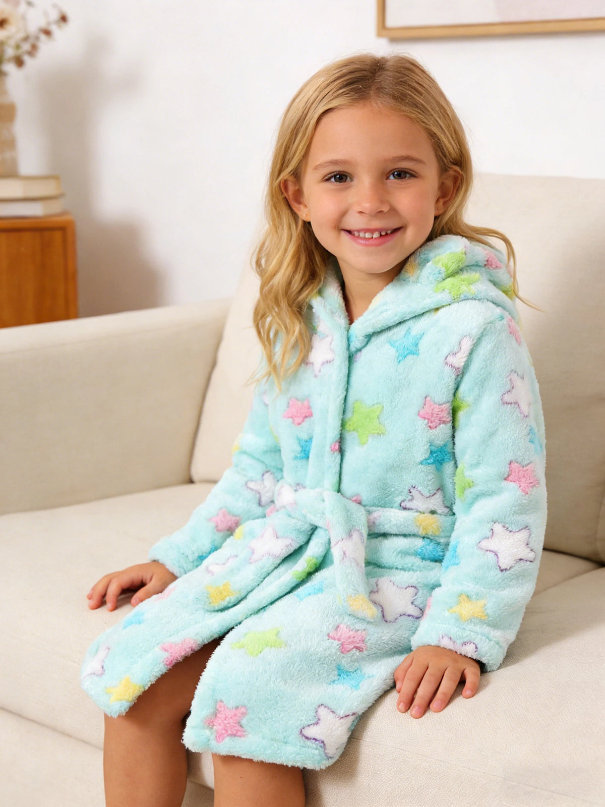 Girls' Bathrobe Autumn/Winter Colorful Star Printed Bathrobe for Kids Long Sleeve Hooded Cute Children's Pajamas 2