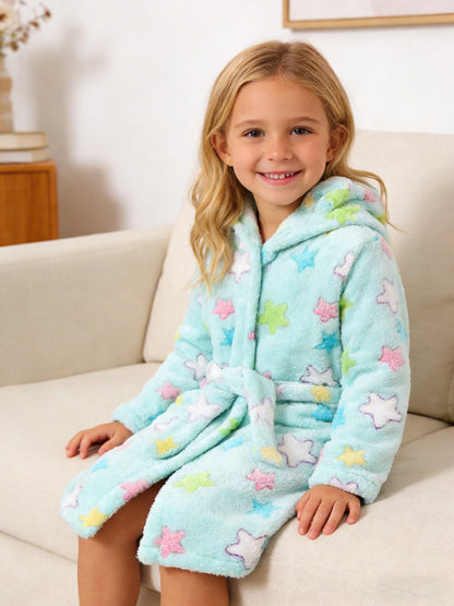 Girls' Bathrobe Autumn/Winter Colorful Star Printed Bathrobe for Kids Long Sleeve Hooded Cute Children's Pajamas 2