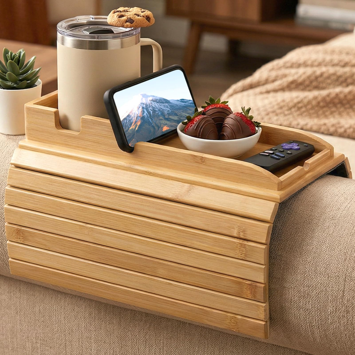 Goodinary® Foldable Bamboo Sofa Armrest Tray 0