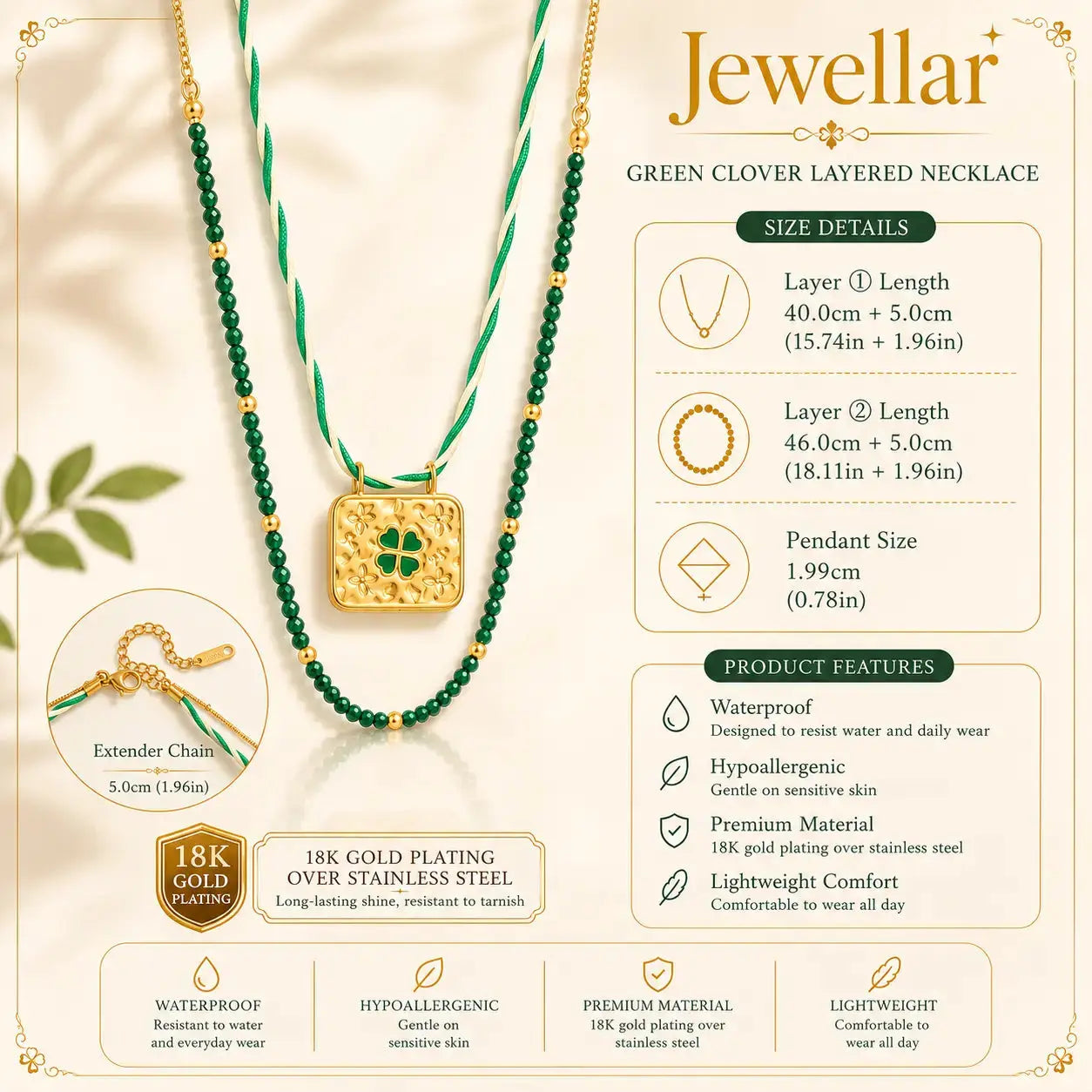 Green Clover Charm Necklace - 18K Gold Plated 6