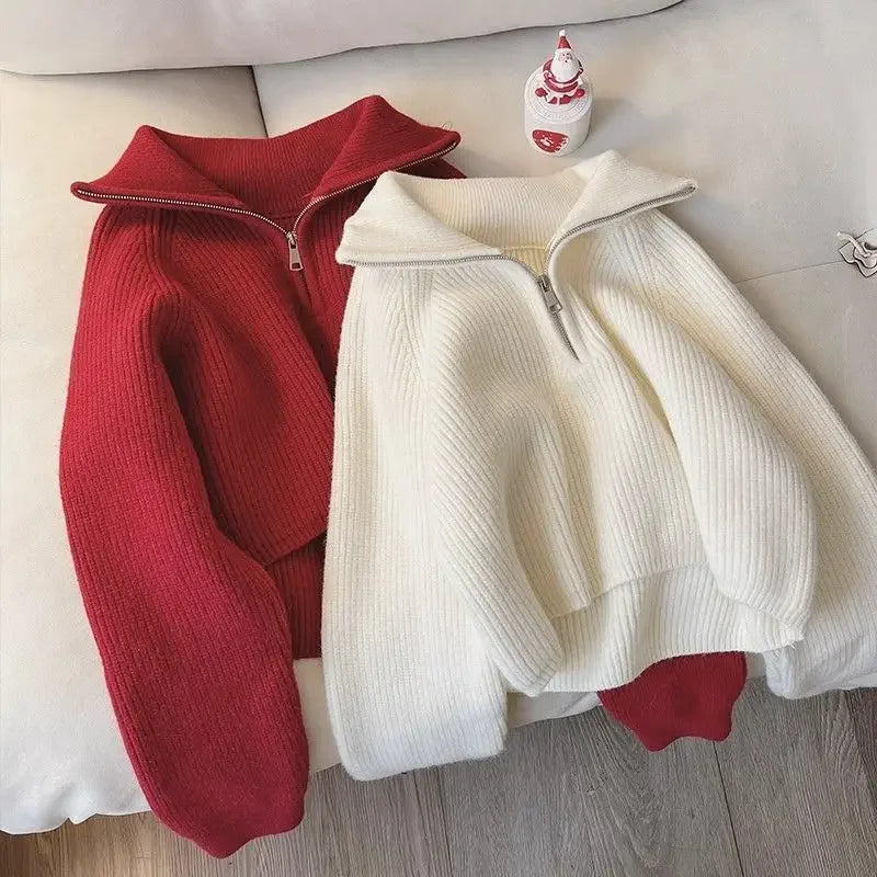 Half Zip Collar Sweater Women Pullovers Soft Knitted Long Sleeve Short Jumper Fall Winter Teen-girl Korean Fashion Outfit 0