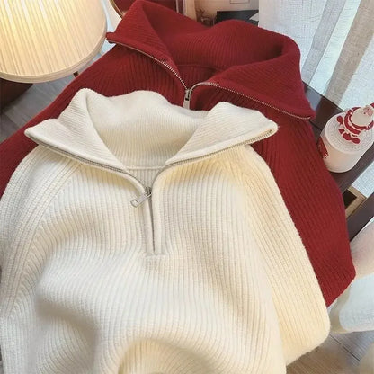 Half Zip Collar Sweater Women Pullovers Soft Knitted Long Sleeve Short Jumper Fall Winter Teen-girl Korean Fashion Outfit 1