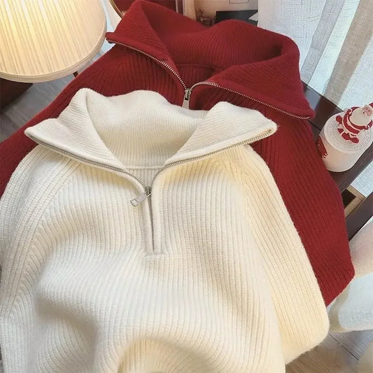 Half Zip Collar Sweater Women Pullovers Soft Knitted Long Sleeve Short Jumper Fall Winter Teen-girl Korean Fashion Outfit 1