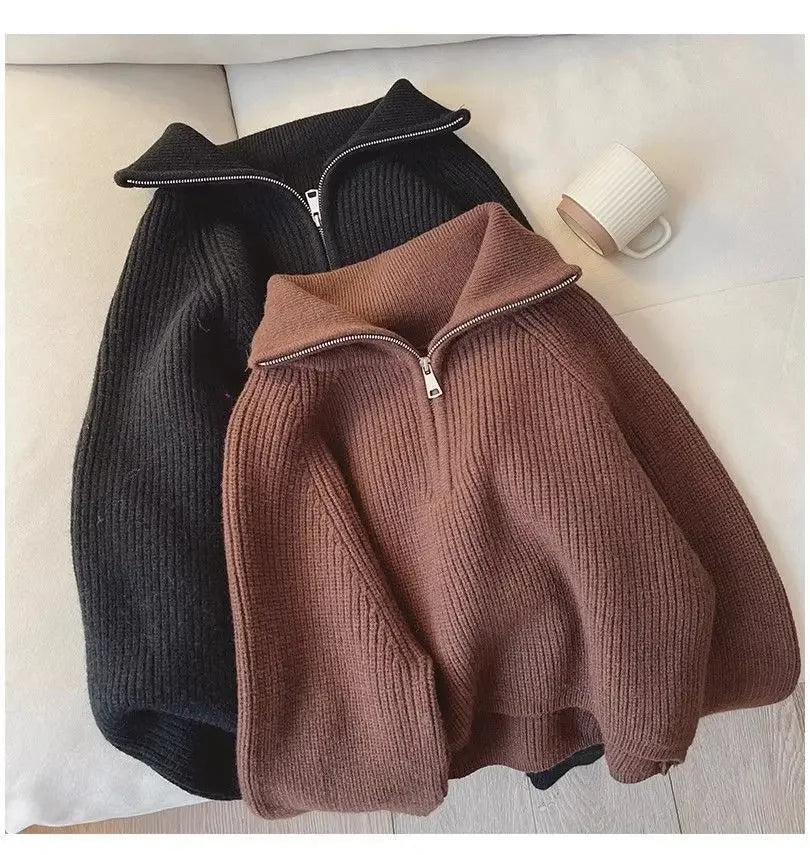 Half Zip Collar Sweater Women Pullovers Soft Knitted Long Sleeve Short Jumper Fall Winter Teen-girl Korean Fashion Outfit 2