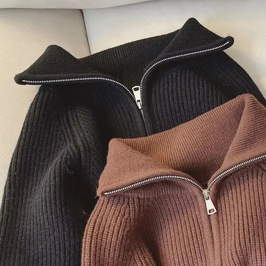 Half Zip Collar Sweater Women Pullovers Soft Knitted Long Sleeve Short Jumper Fall Winter Teen-girl Korean Fashion Outfit 3