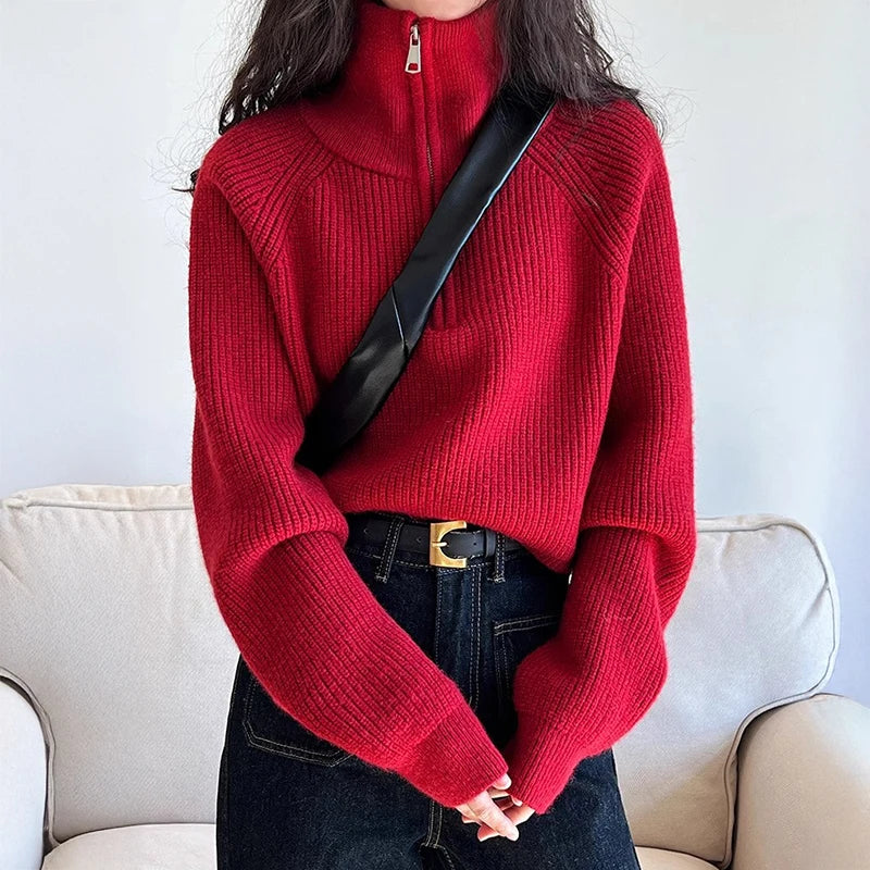 Half Zip Collar Sweater Women Pullovers Soft Knitted Long Sleeve Short Jumper Fall Winter Teen-girl Korean Fashion Outfit 4