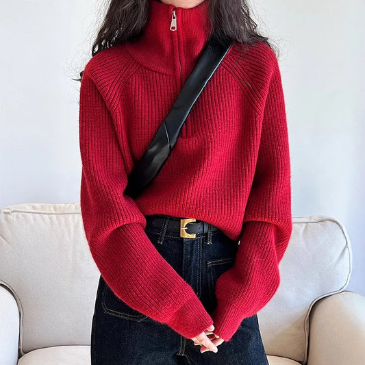 Half Zip Collar Sweater Women Pullovers Soft Knitted Long Sleeve Short Jumper Fall Winter Teen-girl Korean Fashion Outfit 4