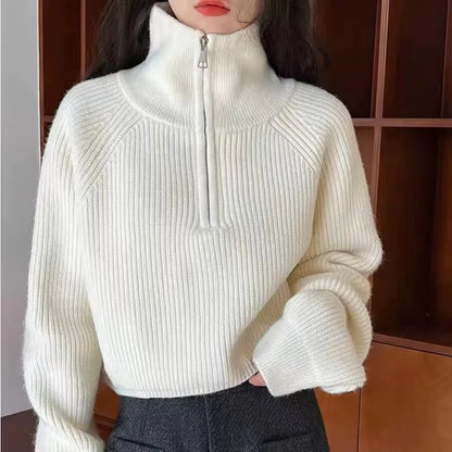 Half Zip Collar Sweater Women Pullovers Soft Knitted Long Sleeve Short Jumper Fall Winter Teen-girl Korean Fashion Outfit 5