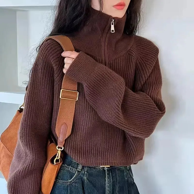 Half Zip Collar Sweater Women Pullovers Soft Knitted Long Sleeve Short Jumper Fall Winter Teen-girl Korean Fashion Outfit 6