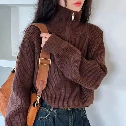 Half Zip Collar Sweater Women Pullovers Soft Knitted Long Sleeve Short Jumper Fall Winter Teen-girl Korean Fashion Outfit 6