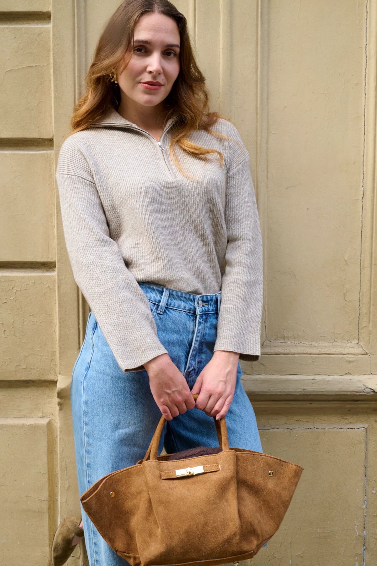 Heather beige zip-neck cropped sweater 0